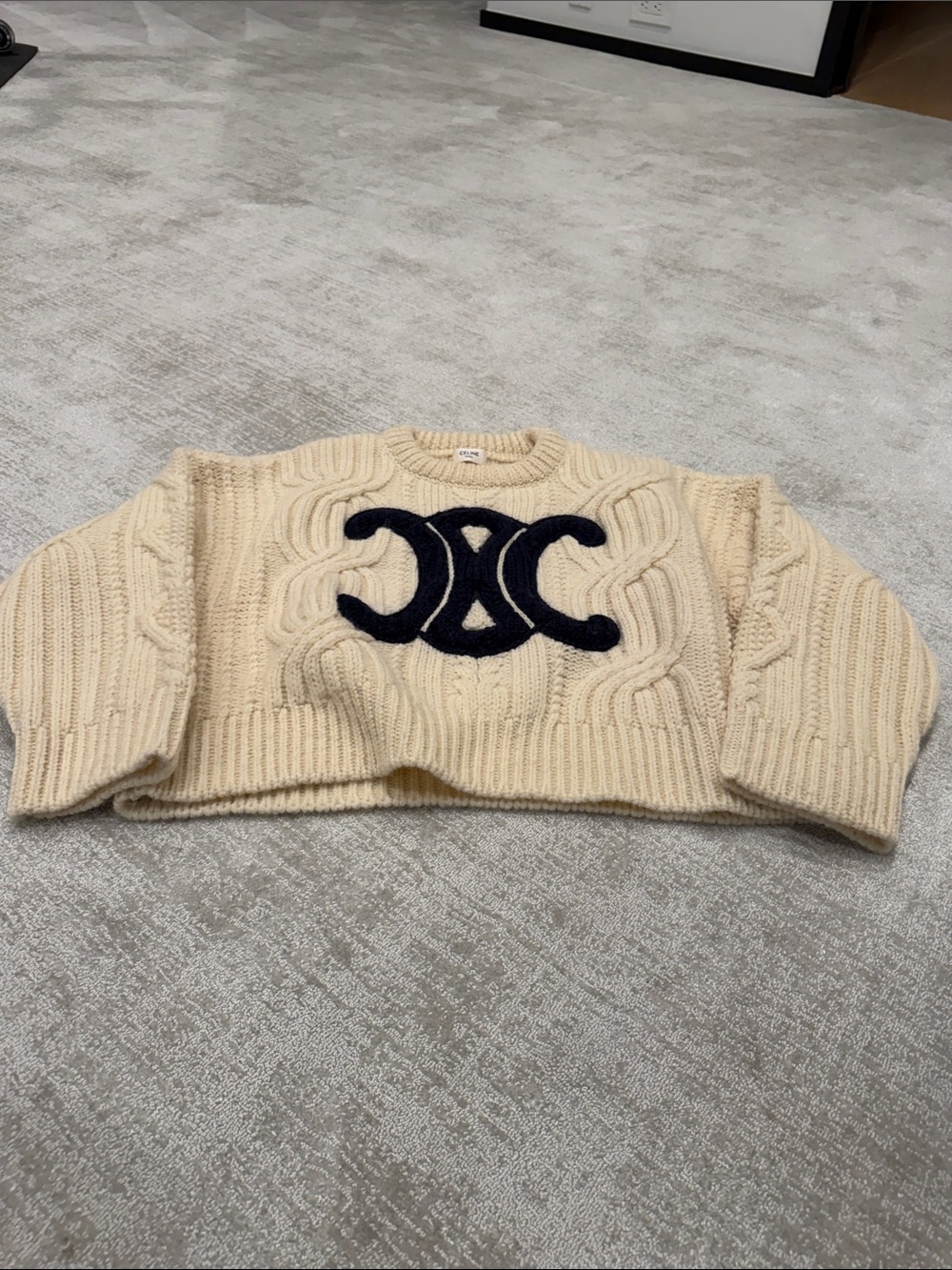 Celine Cream Cable Sweater with Navy Logo